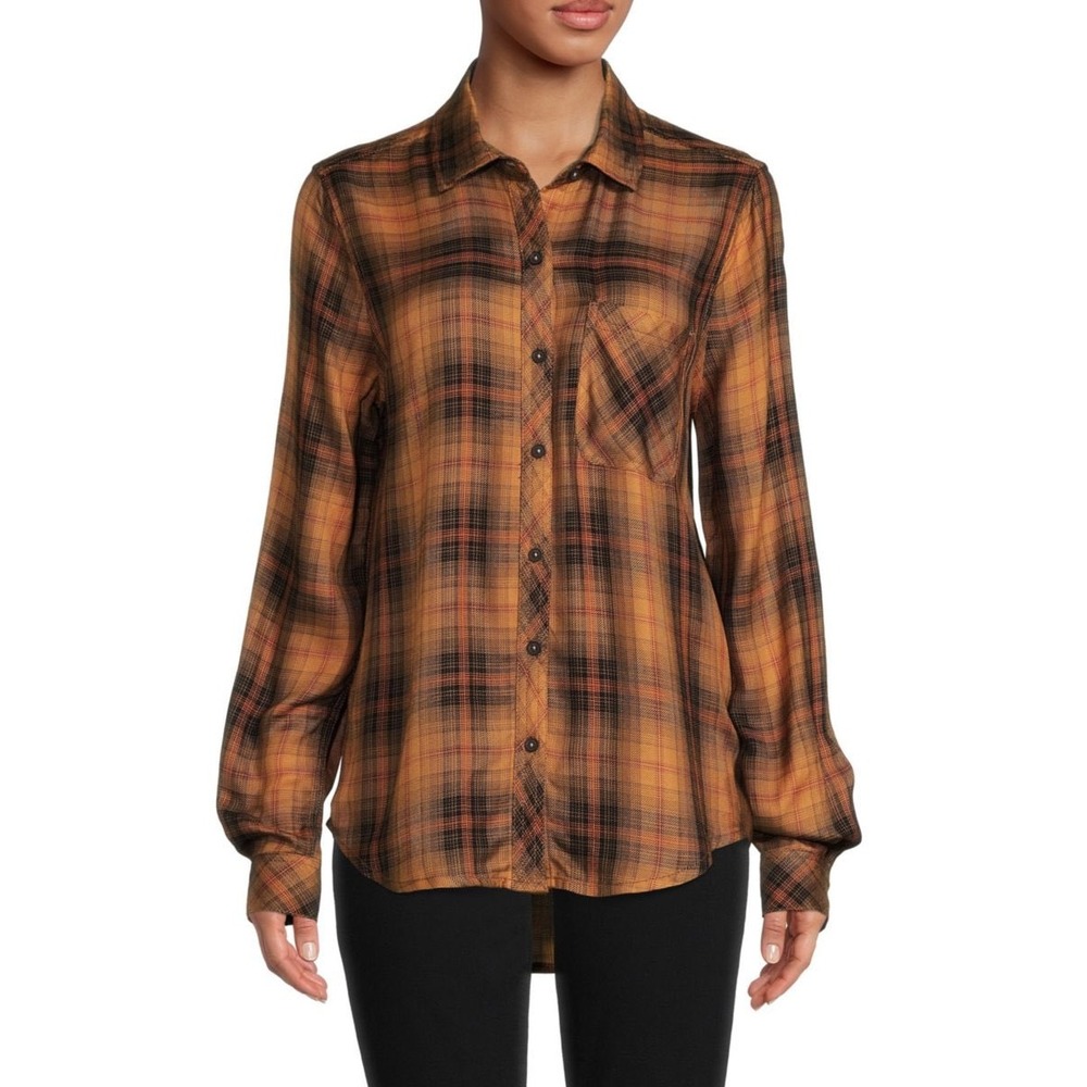 Casacabana Plaid Button Up‎ Shirt Women's XS Orange Black Long Sleeve Top